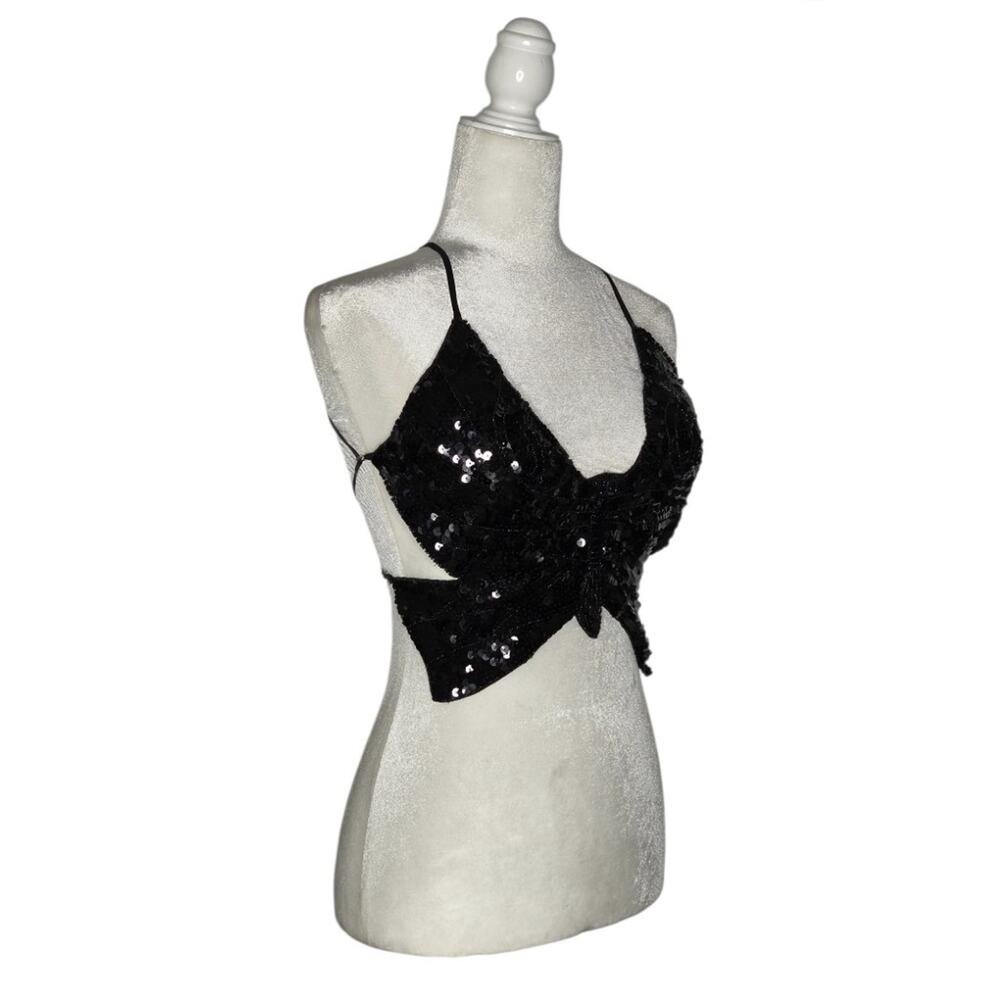 Black Sequin Butterfly Bra Top Beaded Festival Rave Belly Dance Open Back OS - Picture 2 of 8